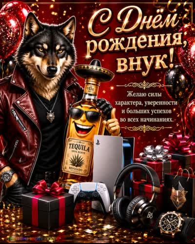 открытка с днем рождения внука с брутальным волком и бутылочкой текилы с подарком