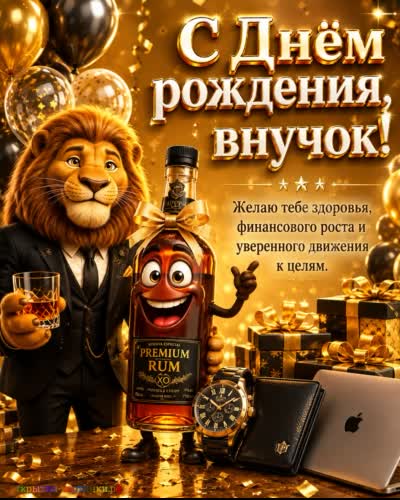 открытка с днем рождения внука с львом в костюме ноутбуком и кошельком
