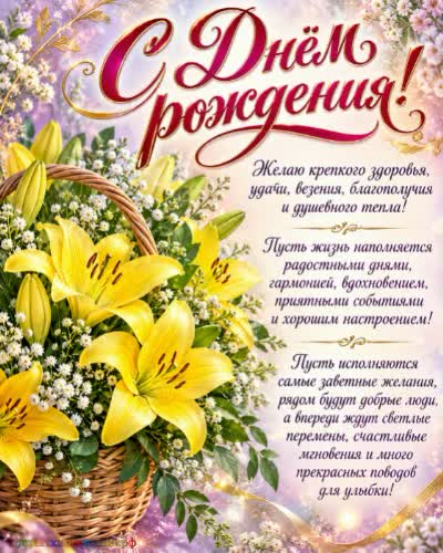 Вы - королева дня! Пусть праздник будет королевским! открытка с днем рождения женщине с букетом желтых лилий в корзине