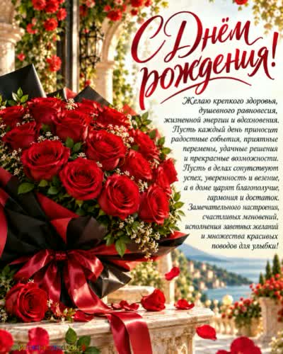 Пусть этот нежный букет подарит вам улыбку! Открытка с днем рождения женщины с букетом красно бордовых роз