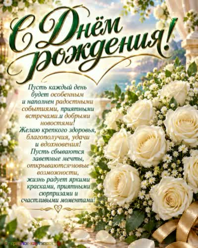 Для чемпионки по жизни - пусть победы множатся! открытка с днем рождения женщине с букетом роскошных белых роз
