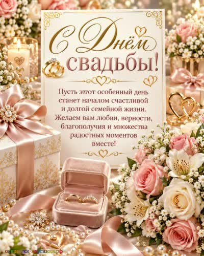 С днём бракосочетания - пусть ваша любовь сияет! Классический фон с подарками, цветами и поздравительной запиской в день свадьбы