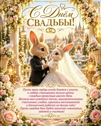 С днём бракосочетания - пусть рядом будет покой! Мультяшная открытка с милыми влюбленными кроликами стоящими вместе в день свадьбы