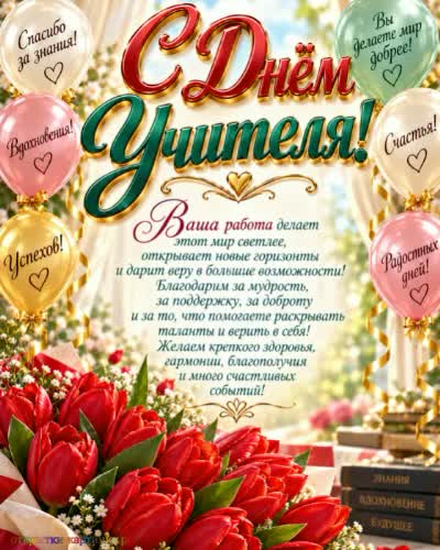 День учителя - праздник мудрости и знаний открытка с днем учителя с красными тюльпанами и разноцветными воздушными шарами