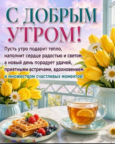 Доброе утро - управляй своим днём! Открытка с желтыми тюльпанами и кружкой чая