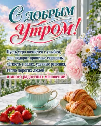 Доброе утро - пусть будет счастье! Открытка с добрым утром с кружкой с чаем и пирожным