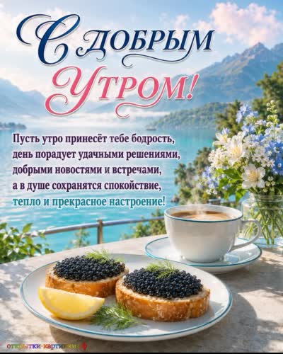 Доброе утро - без сучка, без задоринки! Открытка с добрым утром с озером и бутербродами с черной икрой