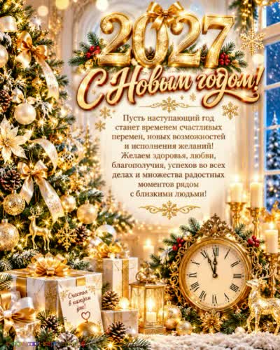 С Новым годом - новых встреч и добрых друзей! открытка с новым годом с подарками часами и елочкой
