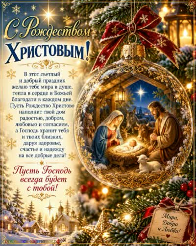 С Рождеством Христовым! Пусть год будет добрым! Открытка с рождеством Христовым с поздравлением и елочной стеклянной игрушкой с изображением младенца