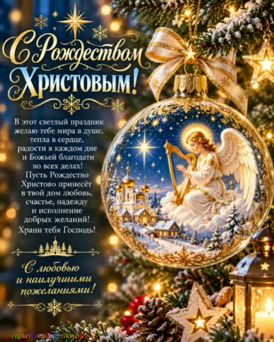 С Рождеством Христовым! Пусть рядом будут родные! Открытка с рождеством Христовым с стеклянной елочной игрушкой с милым ангелочком