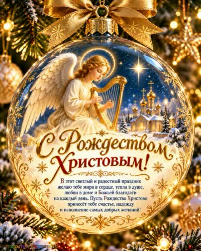 С Рождеством Христовым! Пусть будет светло на душе! Открытка с рождеством Христовым с елкой и елочной игрушкой с ангелом и арфой