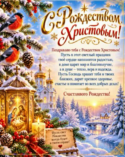 С Рождеством Христовым! Пусть хранит Господь! Открытка с рождеством Христовым с рассветом елью и снегирями