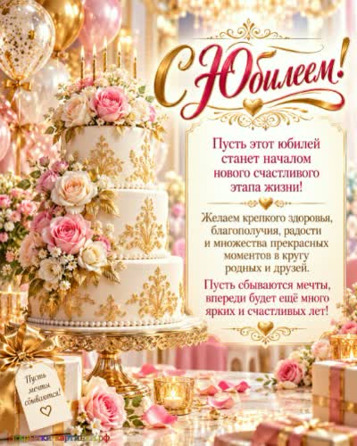 Огромный красивый торт на фоне воздушных шаров с шикарным поздравлением