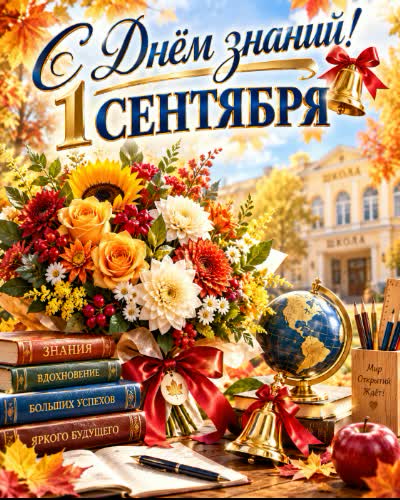 С 1 Сентября - днём знаний Перейти к подборке открыток ко Дню знаний: школьные принадлежности, дети с букетами, колокольчики