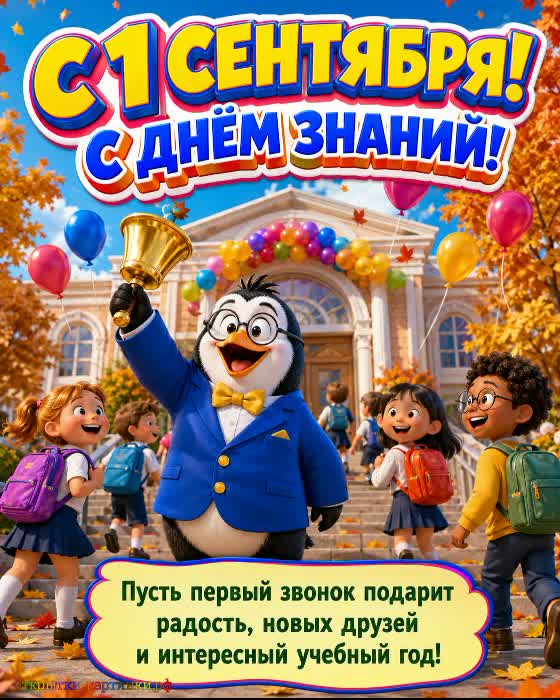 Открытка с 1 сентября с пожеланием новых возможностей Открытка с 1 сентября школьный двор и школьная линейка