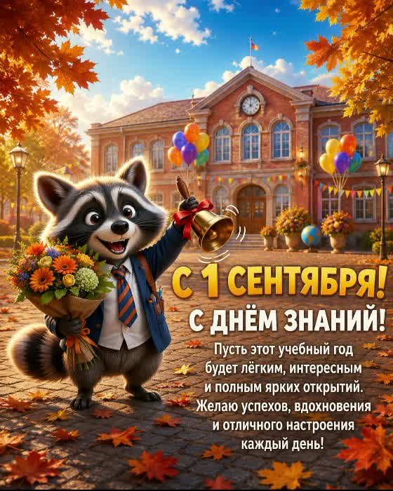 Открытка с 1 сентября с пожеланием новых свершений Открытка с 1 сентября с милым енотом и букетом цветов