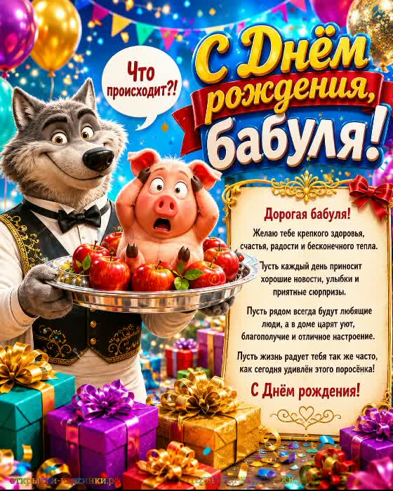 С днём рождения - любви и понимания! открытка с днем рождения бабушке с волком и поросеночком
