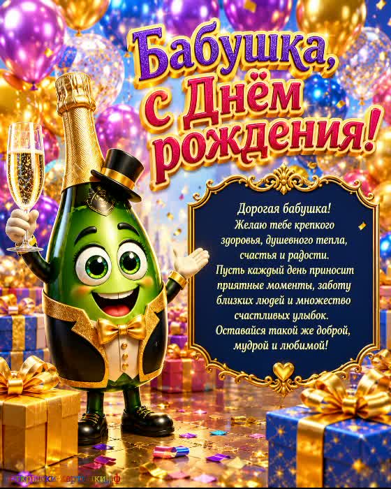 С днём рождения - гармонии в доме! открытка с днем рождения бабушке с веселой бутылочкой шампанского с поздравлением