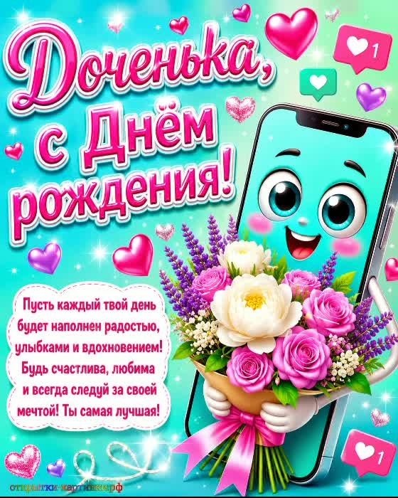 Пусть утро встречает с позитивом, а день - не подводит! открытка с днем рождения дочери с мобильным телефоном с букетом разноцветных цветов