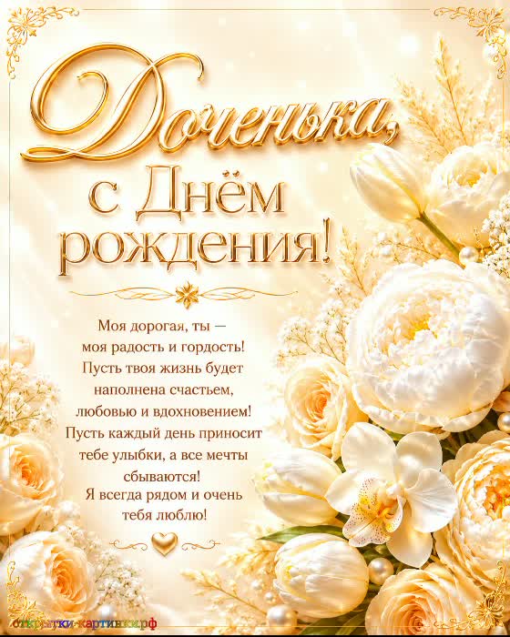 Пусть сегодня всё идёт легко - без лишнего напряжения! открытка с днем рождения дочери с большим букетом белых пионов орхидей и поздравлением