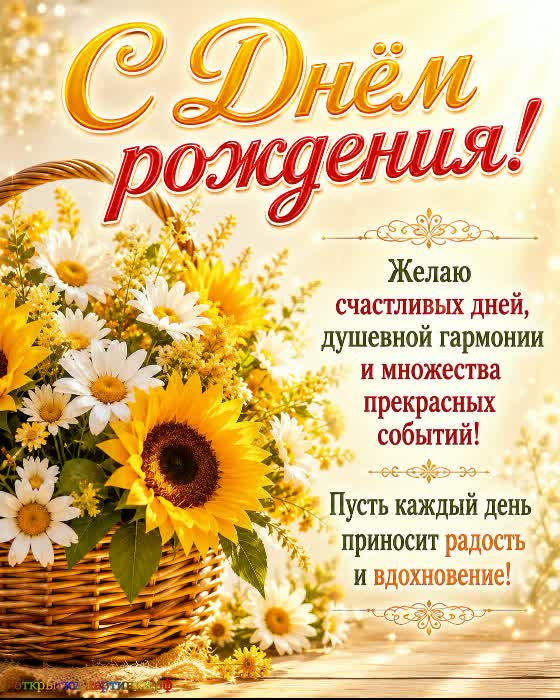 С Днём рождения - светлых дней! красивая открытка с днем рождения с корзинкой цветов из подсолнуха и ромашками