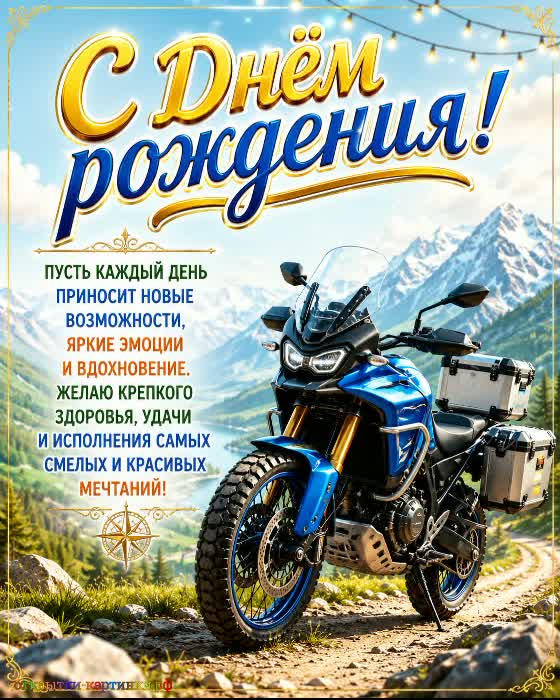 С днём рождения - единения с природой! красивая открытка с днем рождения с подарочным горным мотоциклом