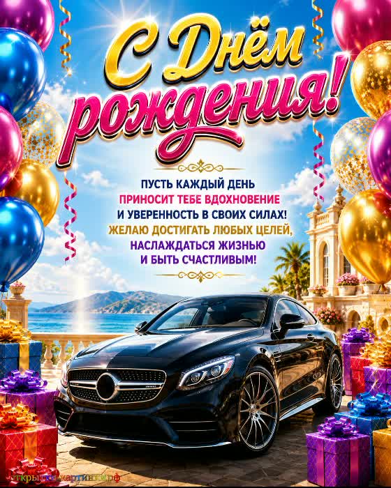 С днём рождения - любви и заботы! красивая открытка с днем рождения с автомобилем и воздушными шарами