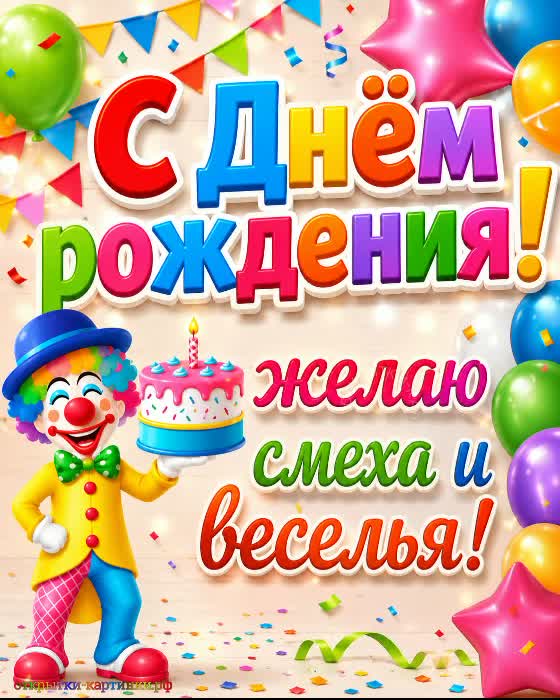 С днём рождения - к новым вершинам! открытка с днем рождения мужчине с смешным клоуном и тортом