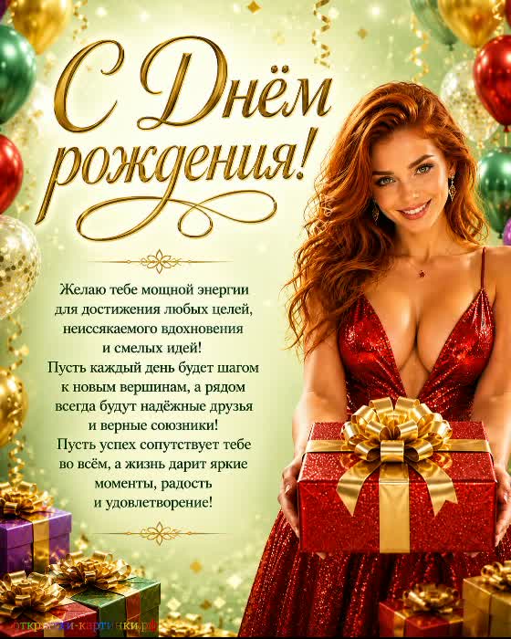 С днем рождения- спортивных побед! открытка с днем рождения мужчине с рыжей девушкой с красивым подарком