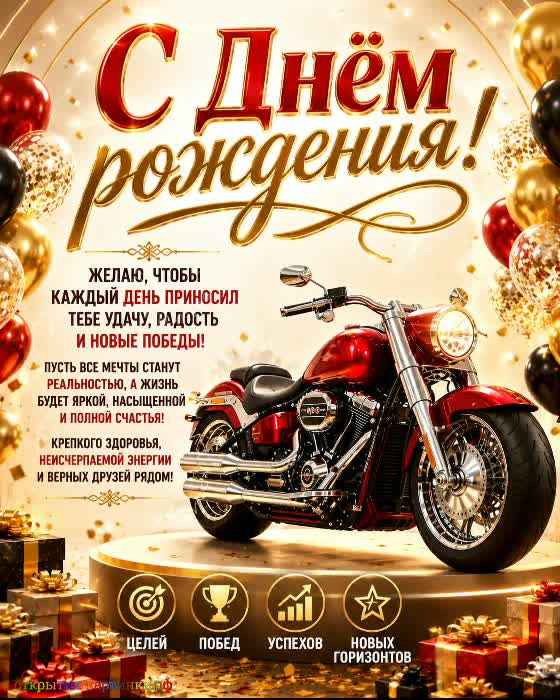 С днём рождения - безопасных поездок! открытка с днем рождения мужчине с шикарным мотоциклом и воздушными шарами