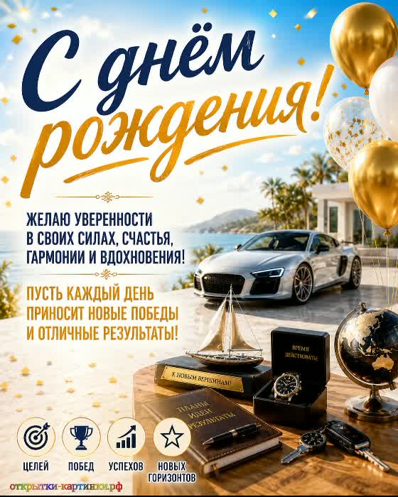 С днём рождения - семейного счастья! открытка с днем рождения мужчине с подарками и премиум автомобилем