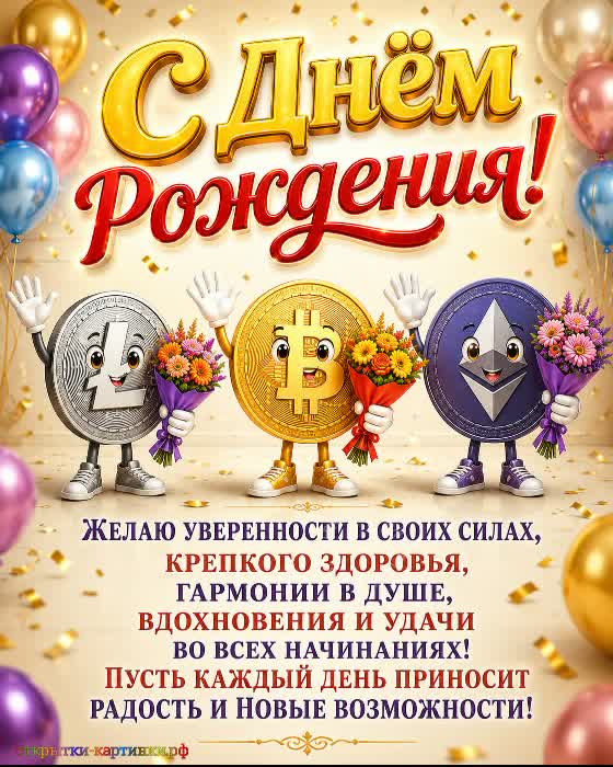 С днём рождения - смелых свершений! открытка с днем рождения мужчине с веселыми монетками лайткоин и догкоин
