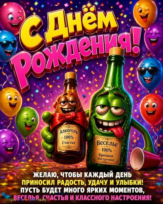 С днём рождения - достижений в работе! открытка с днем рождения мужчине с милой бутылочкой и смешными воздушными шарами