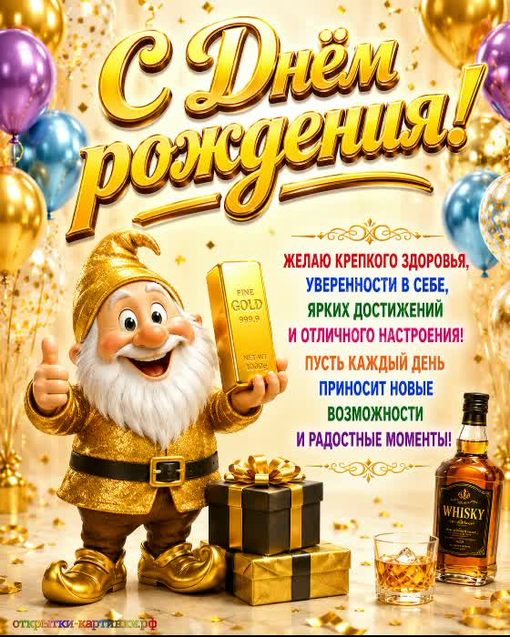открытка с днем рождения мужчине с золотыми слитками и подарком с шарами