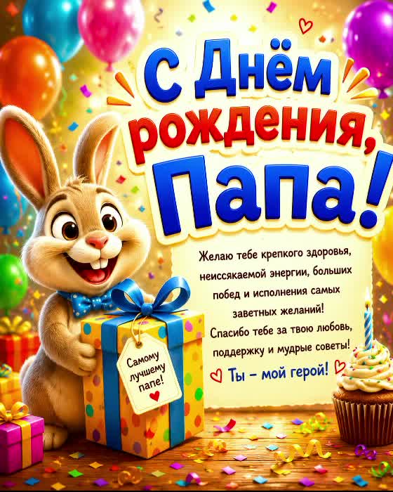 открытка с днем рождения папе с кроликом разнообразными подарками