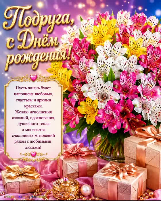 С днём рождения подружка - карьерных достижений! открытка с днем рождения подруге с букетом разноцветных лилий и роскошными подарочными коробками