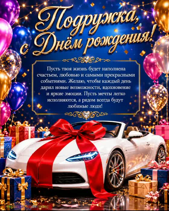 открытка с днем рождения подруге с пнремиальным белым автомобилем подарками и воздушными шарами