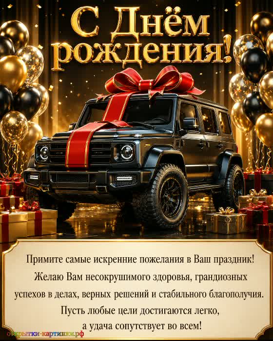 С днём рождения - финансового процветания! открытка с днем рождения с пожеланием и черным джипом