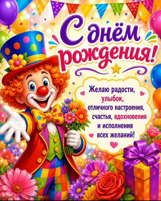Пусть жизнь будет такой же яркой, как эти цветы! открытка с днем рождения женщине с милым клоуном и цветами