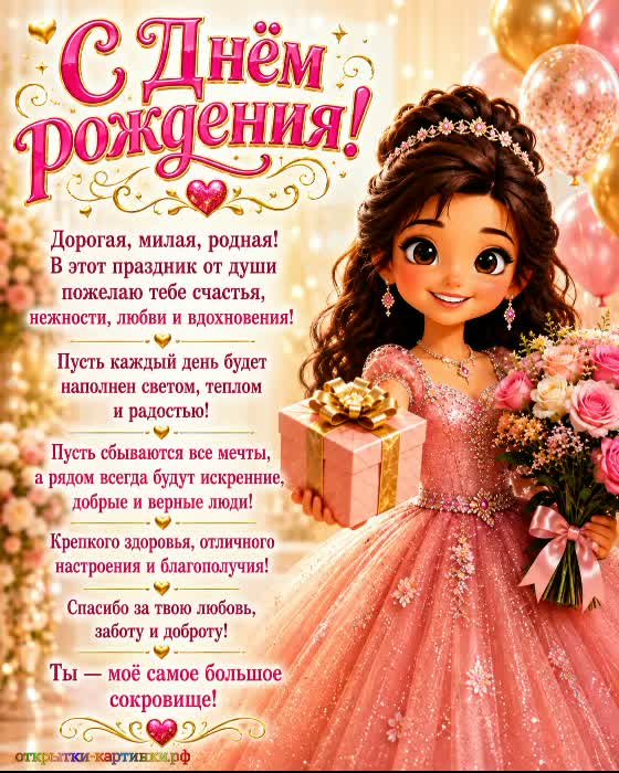Яркого праздника - пусть эмоции будут такими же насыщенными, как эти хризантемы! открытка с днем рождения женщине с девочкой брюнеткой с подарком и букетом цветов