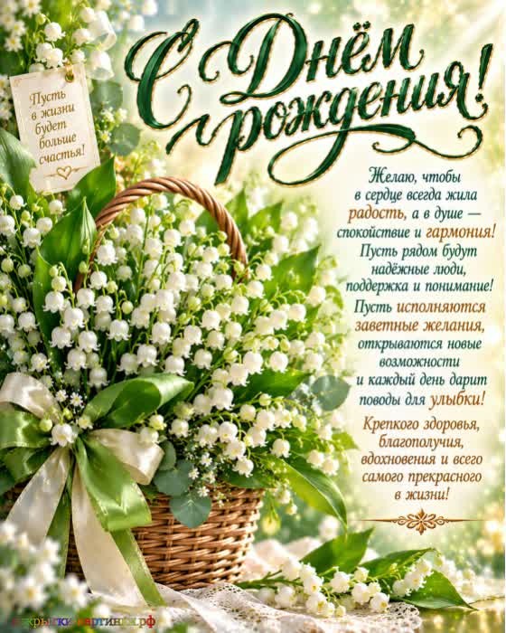 открытка с днем рождения женщине с монстриком и букетом белых ландышей