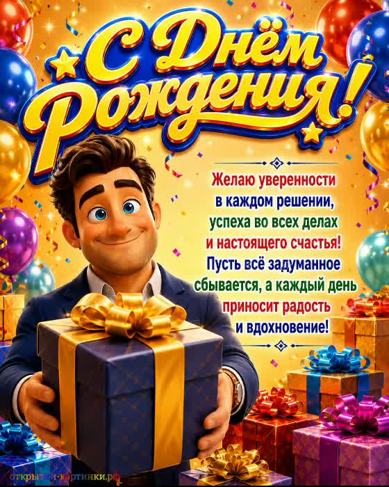 открытка с днем рождения женщине с мультяшным мужчиной и горой подарков