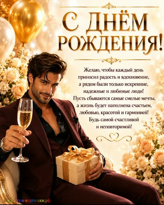 открытка с днем рождения женщине с брутальным мужчиной с бокалом и подарком