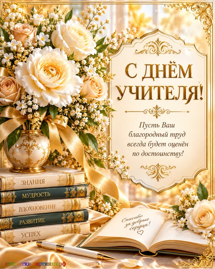 Талант и мудрость замечательного педагога красивая открытка с днем учителя с белыми и кремовыми розами и блокнотом