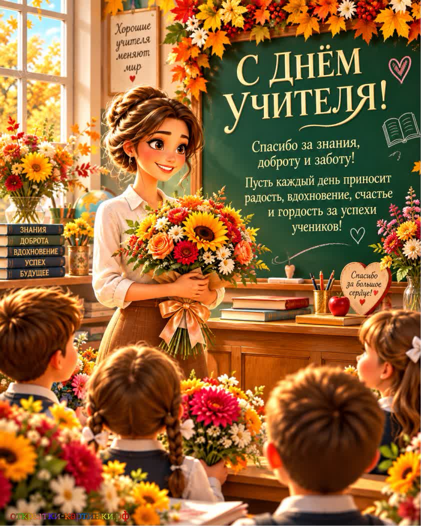 Когда профессия становится призванием красивая открытка с днем учителя с милой учительницей с букетом цветов