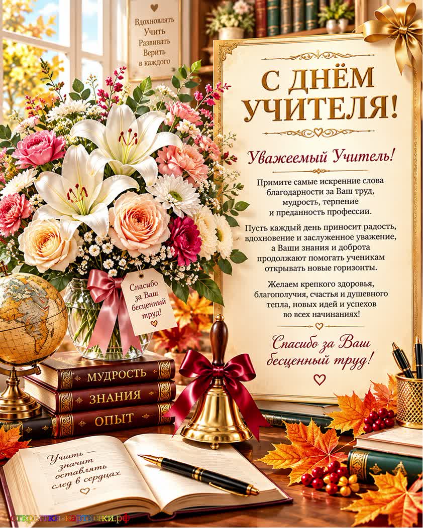 Счастливых мгновений в этот праздник красивая открытка с днем учителя с букетом белых лилий розовых роз и белых хризантем