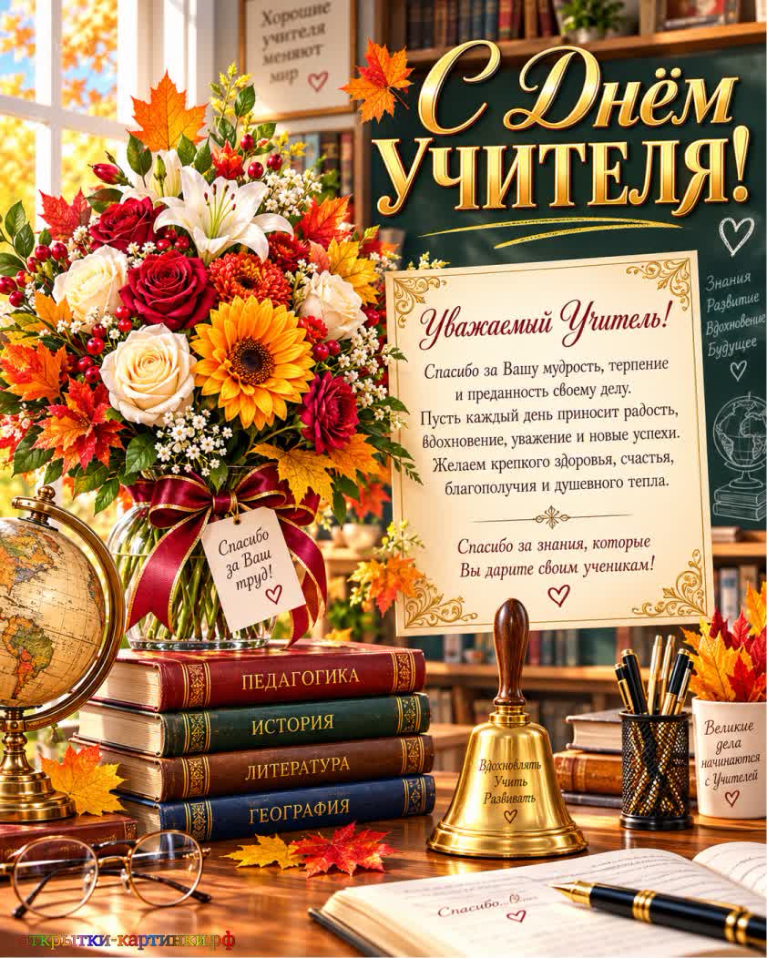 С благодарностью женщине-педагогу открытка с днем учителя женщине с разноцветным букетом цветом и тетрадью и колокольчиком