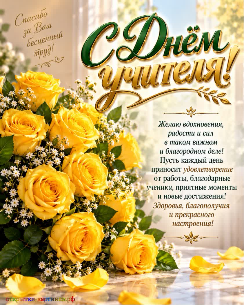 Благодарность женщине-учителю в профессиональный праздник открытка с днем учителя женщине с букетом желтых роз и милым поздравлением
