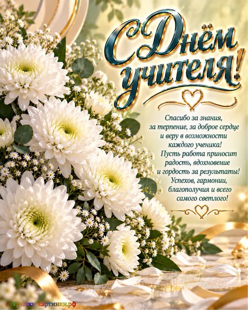 Тёплые слова доброй и внимательной учительнице открытка с днем учителя женщине с роскошным букетом белых хризантем и поздравлением учителю