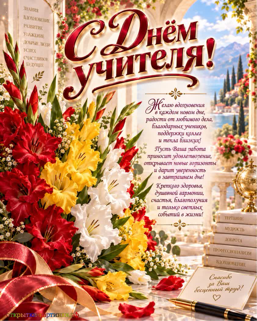 Женщине, посвятившей себя педагогическому делу открытка с днем учителя женщине с букетом белых красных и желтых гладиолусов